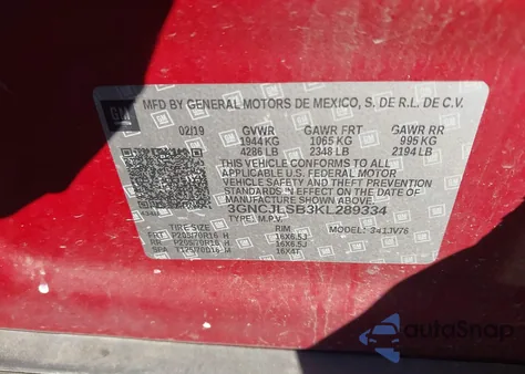 2019 Chevrolet Trax Lt z USA, uszkodzony, nr VIN 3GNCJLSB3KL289334